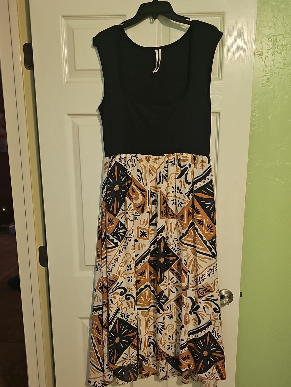 Anthropologie Black Bodice with Tan & White Printed Midi Dress